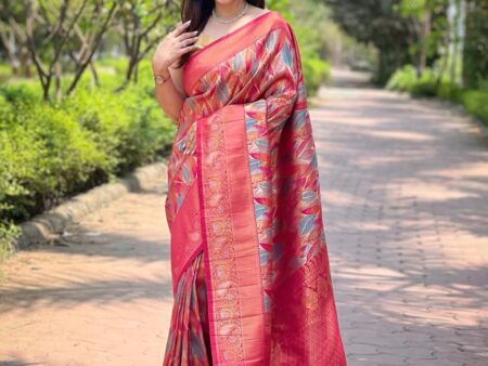 Women's Luxurious Pista Green & Pink Art Silk Saree with Intricate Leaf Weave & Broad Zari Border – Ideal for Festive & Wedding Occasions